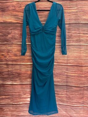 Anthropologie Teal V-Neck Long Sleeve Ruched Front Top | Size Small